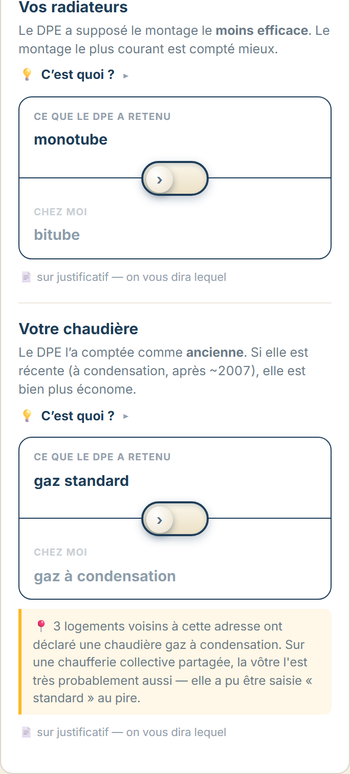 Écran débloqué : le détail de chaque correction, la comparaison aux voisins et le justificatif à réunir