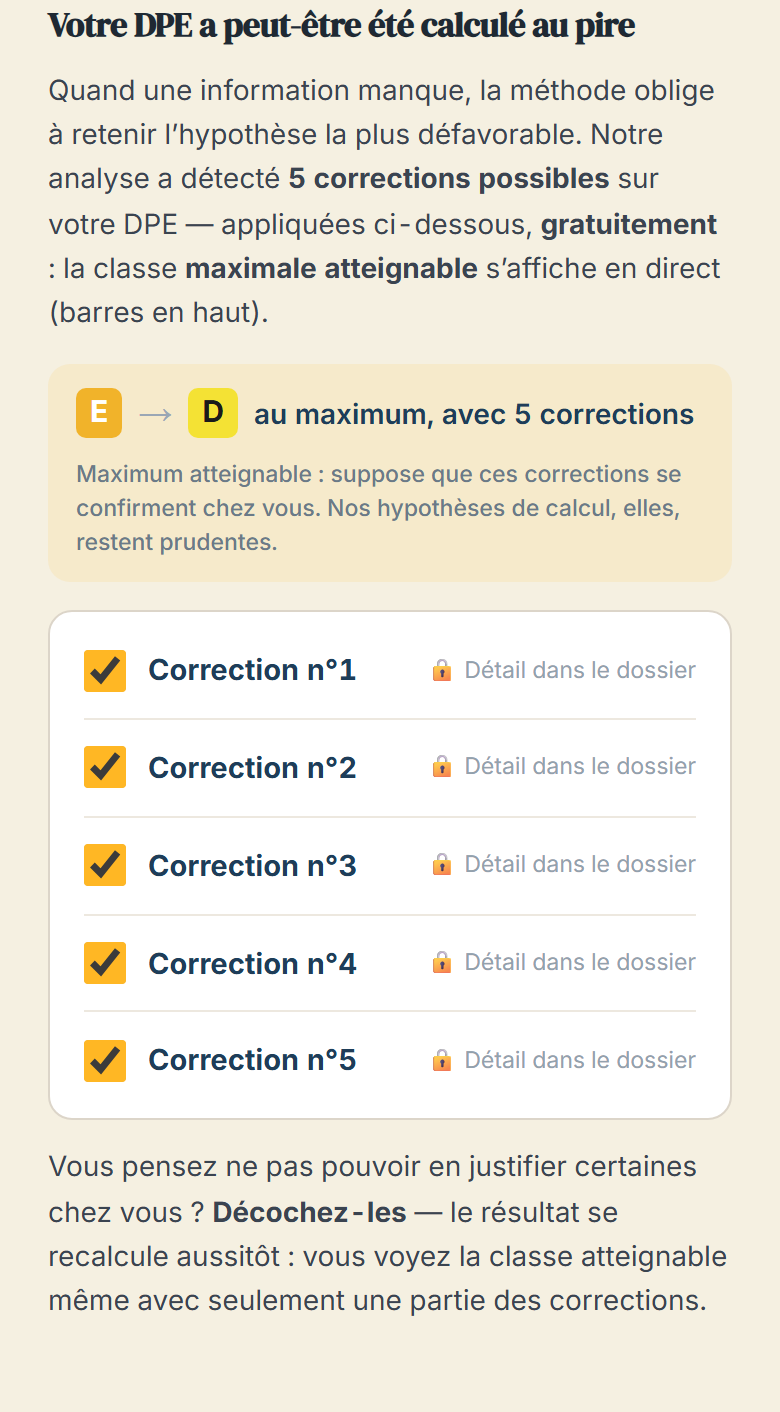 Écran gratuit : classe maximale atteignable et corrections détectées, verrouillées