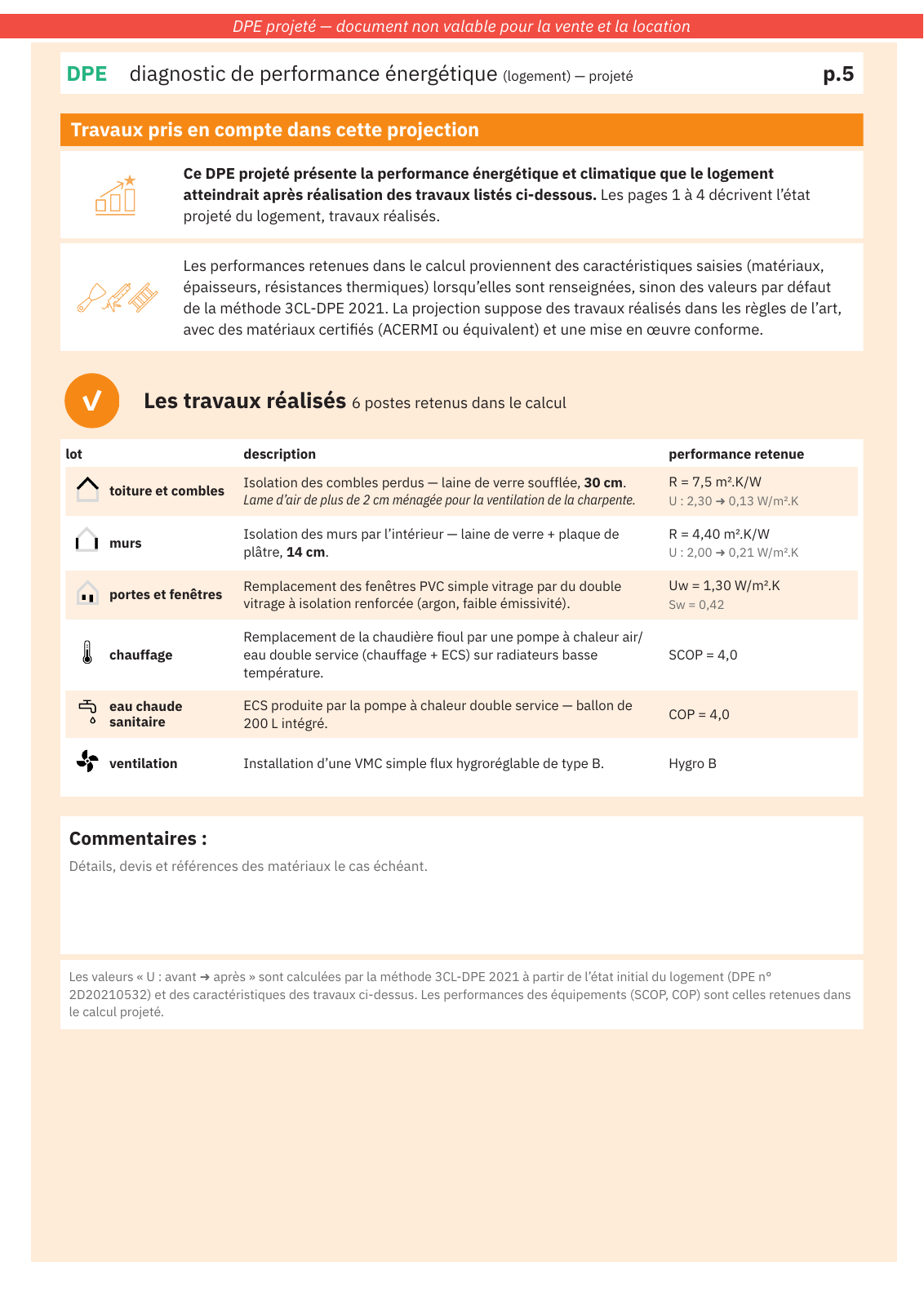 DPE projeté — page travaux : postes, matériaux, résistances
